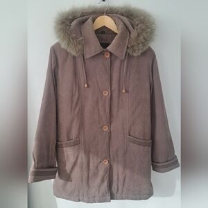 Vintage Fox Fur Trim Taupe Hooded Sequence Winter Coat